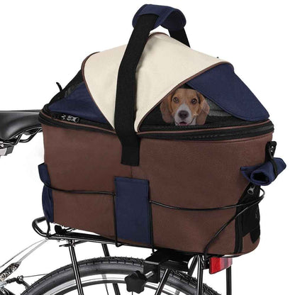 Sac de transport pour chien sur vélo avec filet d'aération, modèle Cyclo-Cocon bleu marine et marron, idéal pour la sécurité de l'animal en balade.