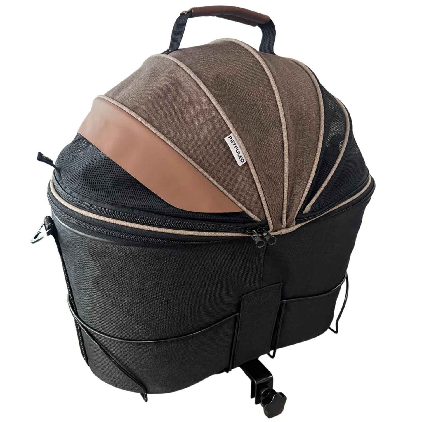 Sac de transport multifonction pour chien couleur marron, montage sur porte-bagage arrière de vélo, modèle robuste et élégant Pitou et moi.