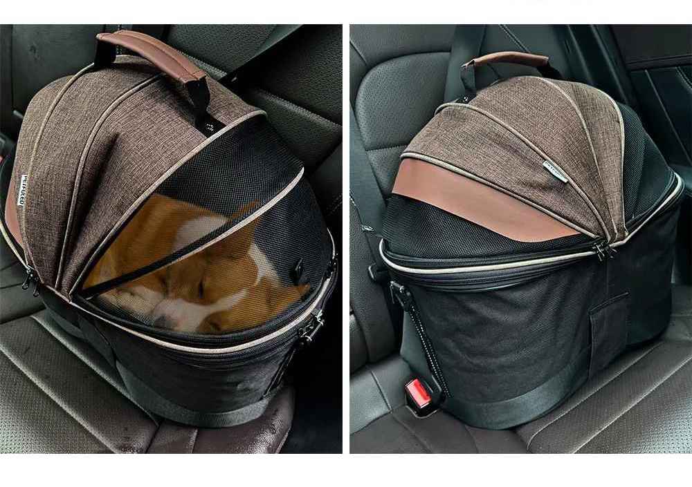 Sac de transport pour chien 3-en-1 : version panier de vélo, sac à bandoulière et siège de sécurité pour voiture, coloris noir et brun.