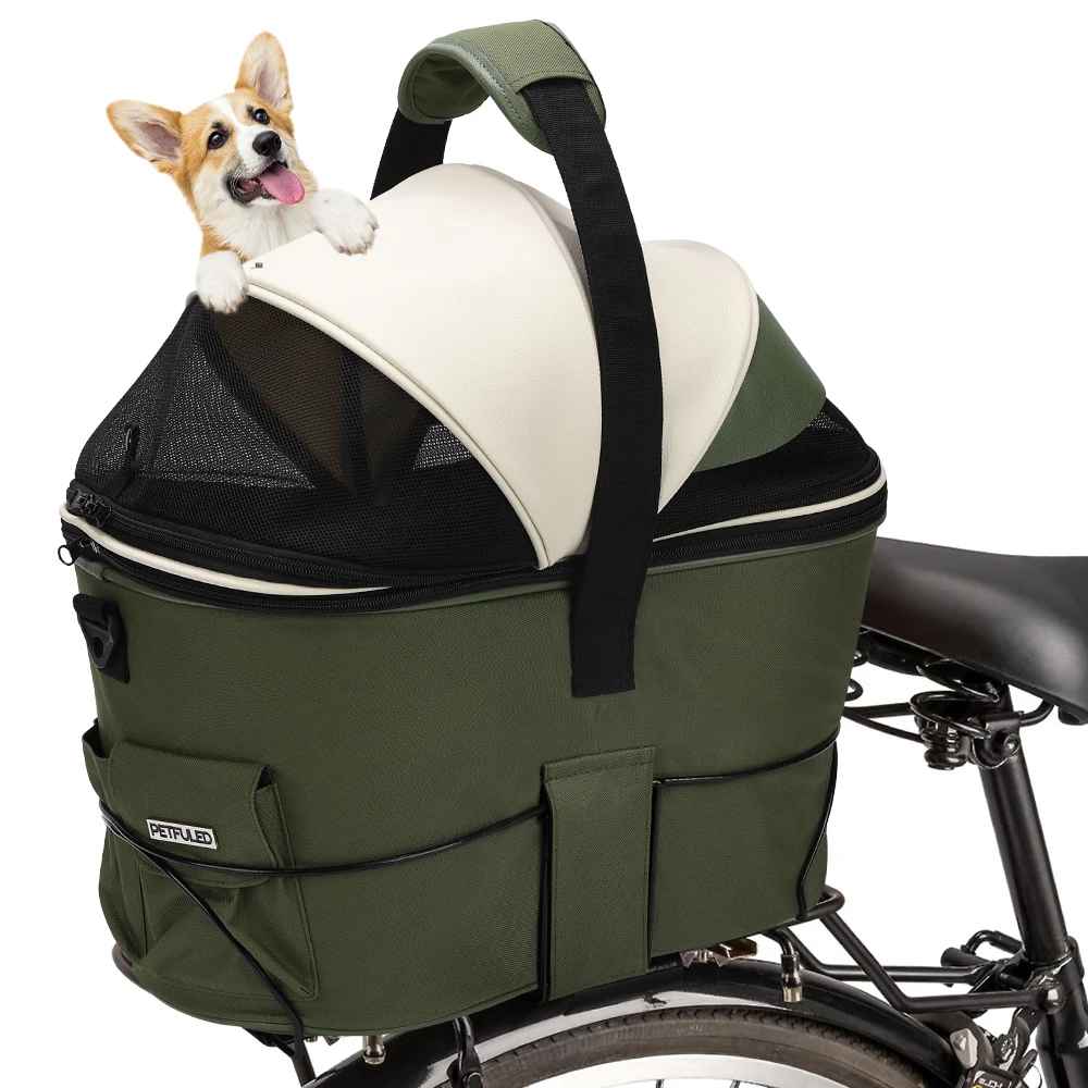Panier vélo chien arrière Cyclo-Cocon vert - Sac de transport pour petit chien avec fixation sécurisée pour cyclisme, marque Pitou et moi.