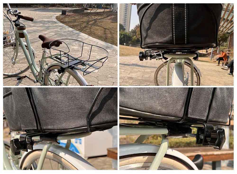 Installation facile panier vélo chien sans outils - Détails du mécanisme de serrage et de la structure robuste du sac de transport Pitou et moi.
