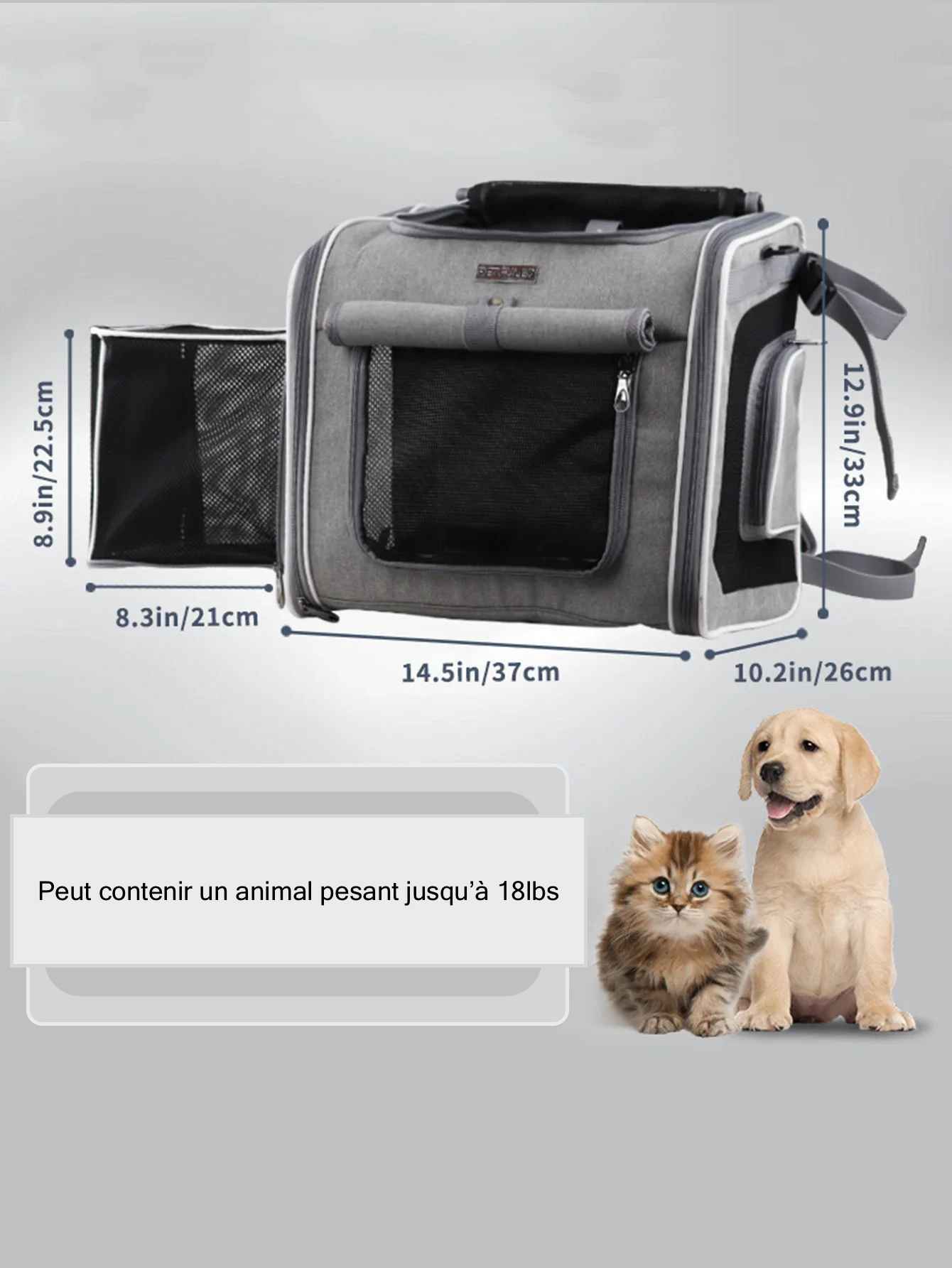Guide des tailles et dimensions du sac de transport pour chien et chat, panier vélo extensible gris avec mesure du compartiment principal et du panneau latéral, boutique Pitou et moi.