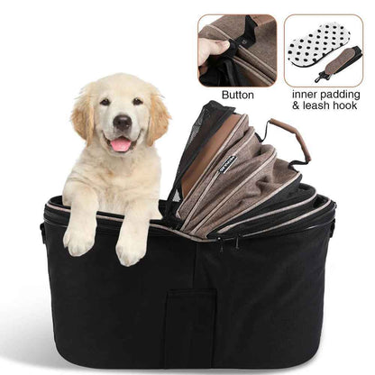 Panier de transport pour chien avec accessoires inclus : coussin douillet à pois et attache de sécurité. Modèle Cyclo-Cocon noir et brun pour petits et moyens chiens.