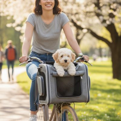 Panier vélo pour petit chien gris installé sur le guidon, sac de transport extensible et respirant pour animaux, idéal pour les promenades à bicyclette, boutique Pitou et moi.