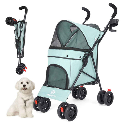 Poussette pour chien bleue Passe-Partout montrée ouverte avec son filet de protection et pliée de manière compacte à côté d'un petit chien blanc.