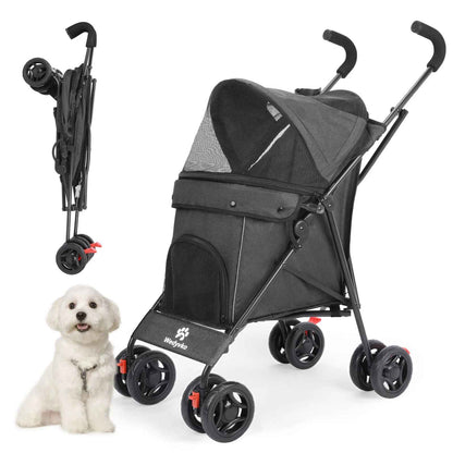 Poussette pour chien noir Passe-Partout montrée ouverte avec son filet de protection et pliée de manière compacte à côté d'un petit chien blanc.