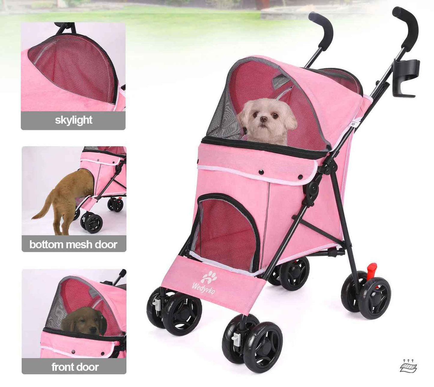 Détails de la poussette pour chien rose Passe-Partout montrant la fenêtre de toit, l'ouverture en filet du bas et la porte avant avec un petit chien blanc à l'intérieur.