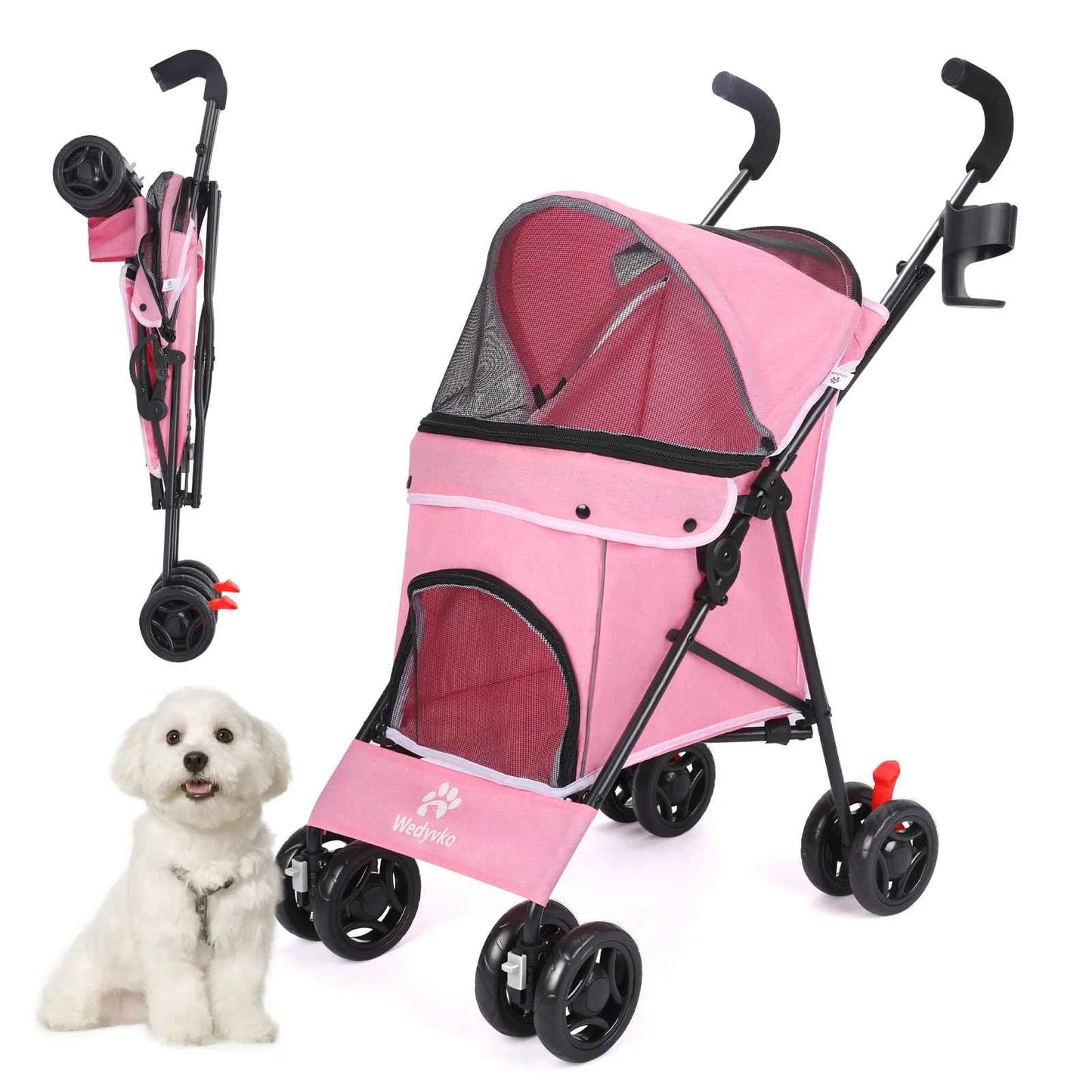 Poussette pour chien rose Passe-Partout montrée ouverte avec son filet de protection et pliée de manière compacte à côté d'un petit chien blanc.