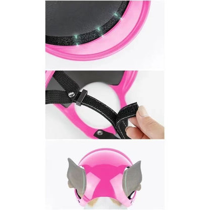 Détails du casque rose pour chien : vue de la mousse de protection intérieure, zoom sur la fermeture de la sangle ajustable et vue arrière montrant les ouvertures pour les oreilles.