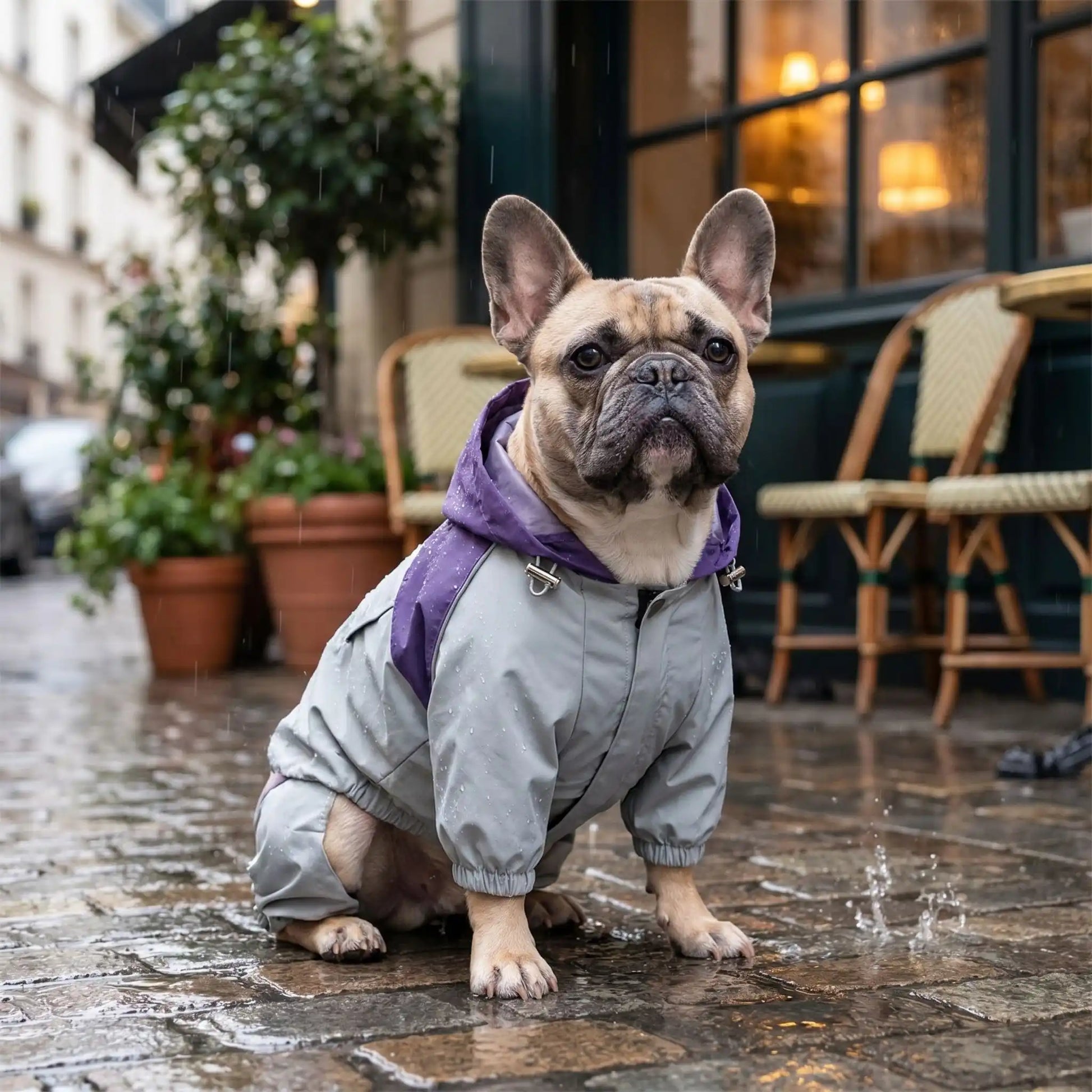 Bouledogue français assis sur un pavé mouillé portant la combinaison imperméable Petit Moussaillon grise avec capuche violette.