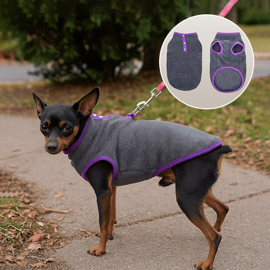 chien pincher en pull gris et violet