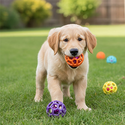Chiot Golden Retriever jouant sur la pelouse avec la balle interactive orange ajourée pour chien Pitou et moi.