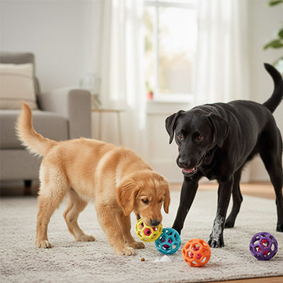 Un jeune Golden Retriever et un Labrador noir jouent ensemble dans un salon avec les balles interactives et ajourées Pitou et moi.