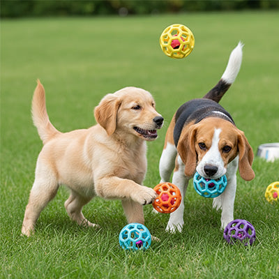 Deux chiots, un Golden Retriever et un Beagle, s'amusent sur la pelouse avec la balle interactive et résistante pour chien Pitou et moi.