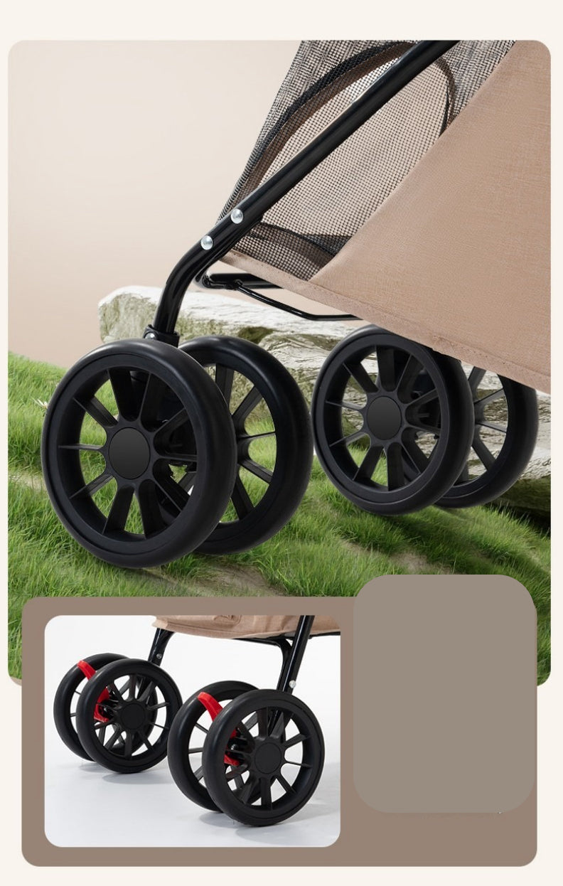 Détail des roues tout-terrain et du système de freinage de la poussette double beige pour chien Double truffe.