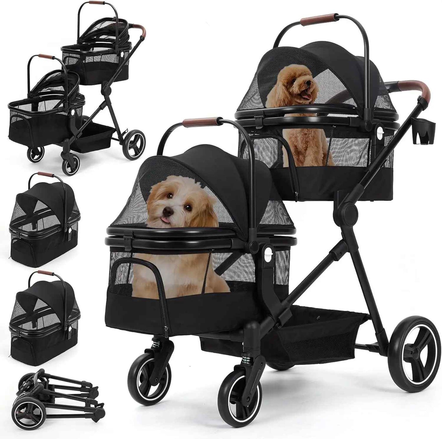 Poussette pour chien double noire avec deux compartiments amovibles contenant deux petits chiens de type caniche et bichon, vue sous plusieurs angles.