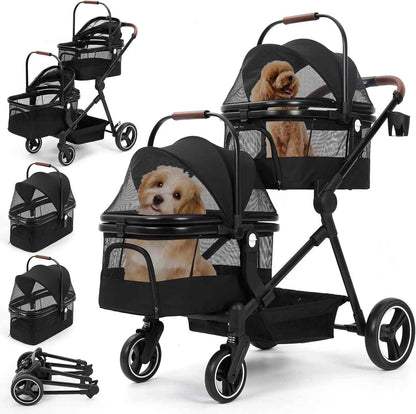 Poussette pour chien double noire avec deux compartiments amovibles contenant deux petits chiens de type caniche et bichon, vue sous plusieurs angles.