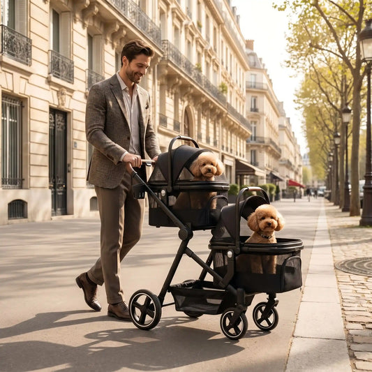 Un homme élégant promène deux caniches dans une poussette pour chien double noire sur un trottoir ensoleillé à Paris.