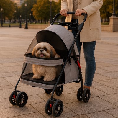 Petit chien Shih Tzu assis dans la poussette MobilConfort grise, vue rapprochée du compartiment avec fenêtres en mesh noir, idéale pour les promenades urbaines.