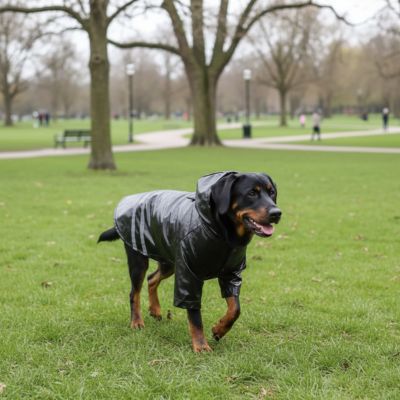 chiot portant le manteau imperméable noir Roméo avec capuche, marchant de profil dans un parc verdoyant avec des arbres en arrière-plan.