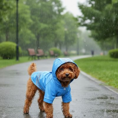 Petit chien de type Caniche ou Goldendoodle brun portant le manteau imperméable bleu Roméo avec capuche, de profil sous la pluie dans un parc.