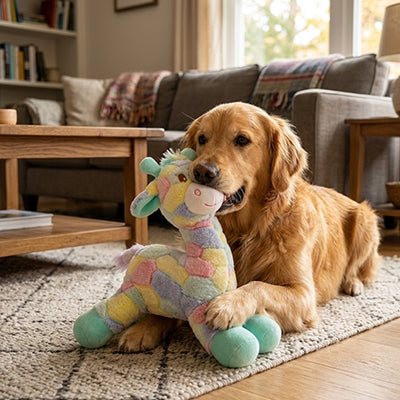 Un chien Golden Retriever adulte couché sur un tapis de salon, blotti contre la peluche girafe multicolore aux tons pastel Rosie la Girafe de Pitou et moi.