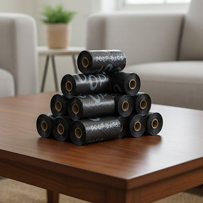 Pile de rouleaux de sacs à crottes noirs pour chien disposés en pyramide sur une table en bois, kit de 22 rouleaux pour la promenade.