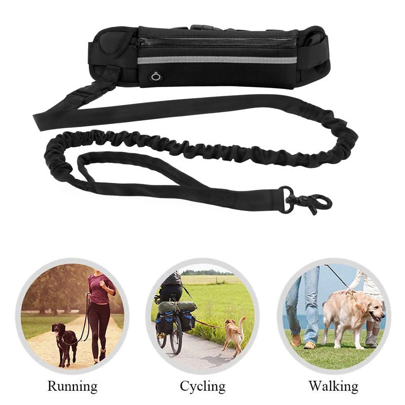 Laisse mains libres avec sac banane noir de sport pour chien, illustrant les usages en course à pied, vélo et marche, avec ceinture ajustable et laisse élastique anti-choc.