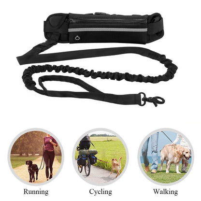 Laisse mains libres avec sac banane noir de sport pour chien, illustrant les usages en course à pied, vélo et marche, avec ceinture ajustable et laisse élastique anti-choc.