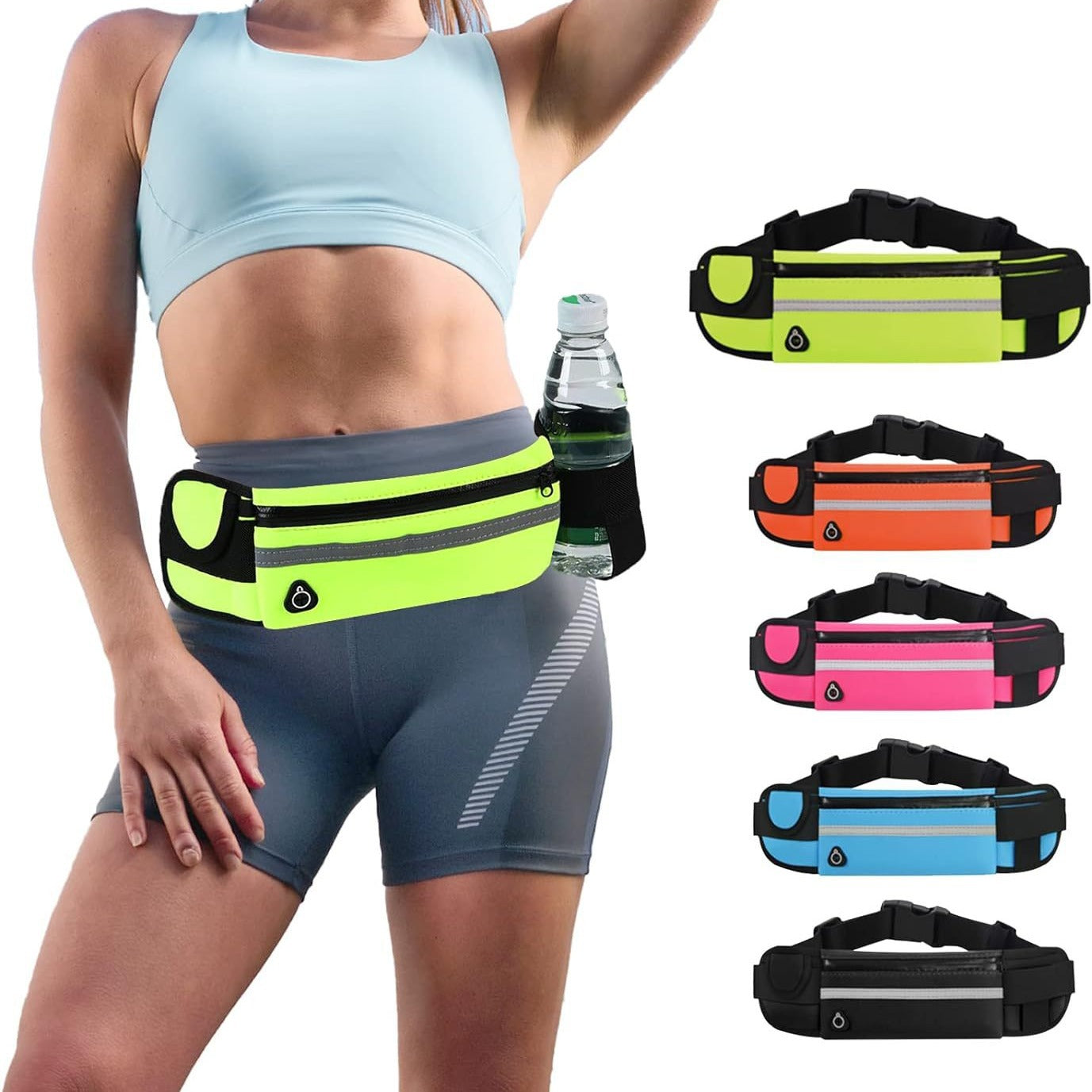 Femme sportive portant le sac banane de sport pour chien avec porte-bouteille, incluant un aperçu des coloris disponibles : jaune fluo, orange, rose, bleu et noir.