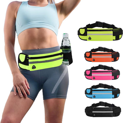Femme sportive portant le sac banane de sport pour chien avec porte-bouteille, incluant un aperçu des coloris disponibles : jaune fluo, orange, rose, bleu et noir.