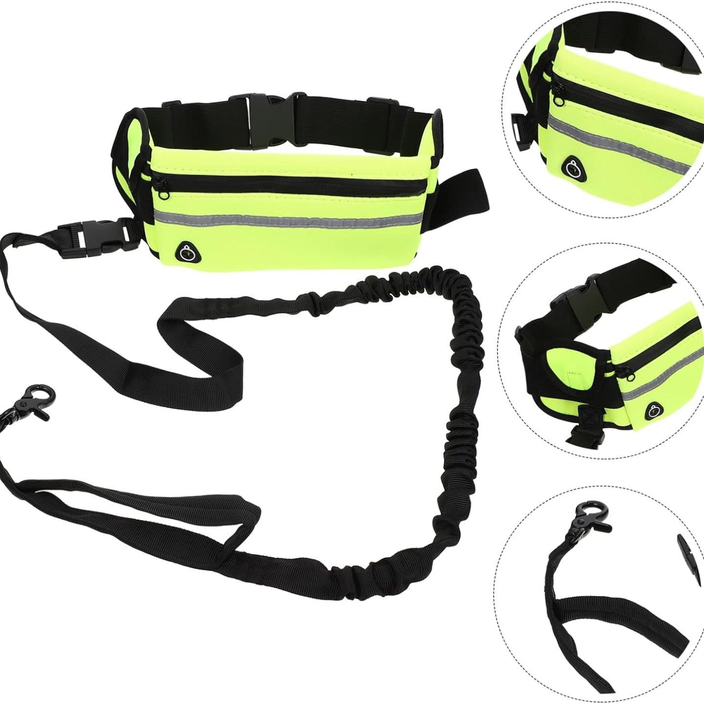 Détails techniques du sac banane jaune fluo avec laisse élastique anti-choc pour chien, montrant les bandes réfléchissantes de sécurité, la boucle de fermeture robuste et les fixations métalliques.