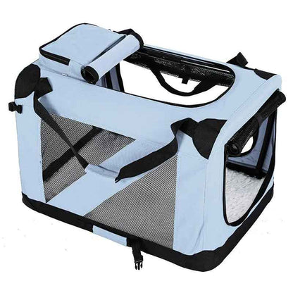 Sac de transport Nid Mobile pour chien en tissu Oxford bleu ciel, présentant une structure souple avec de larges filets d'aération noirs et des fermetures éclair robustes.