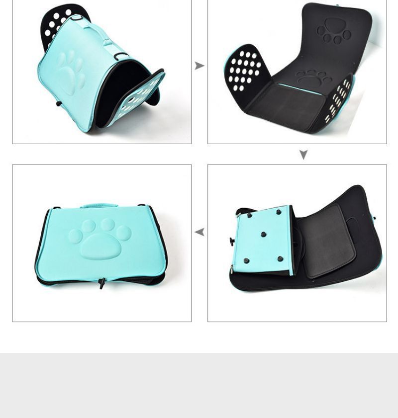 Sac de transport bleu pour chien Toutou Express en version pliée et dépliée montrant le système d'assemblage à plat.