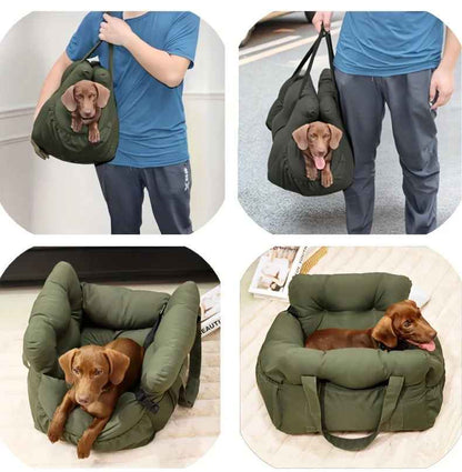 Sac de transport pour chien 2-en-1 Cocon Voyageur vert kaki, utilisé comme sac à bandoulière et panier de repos pour chiot Teckel.