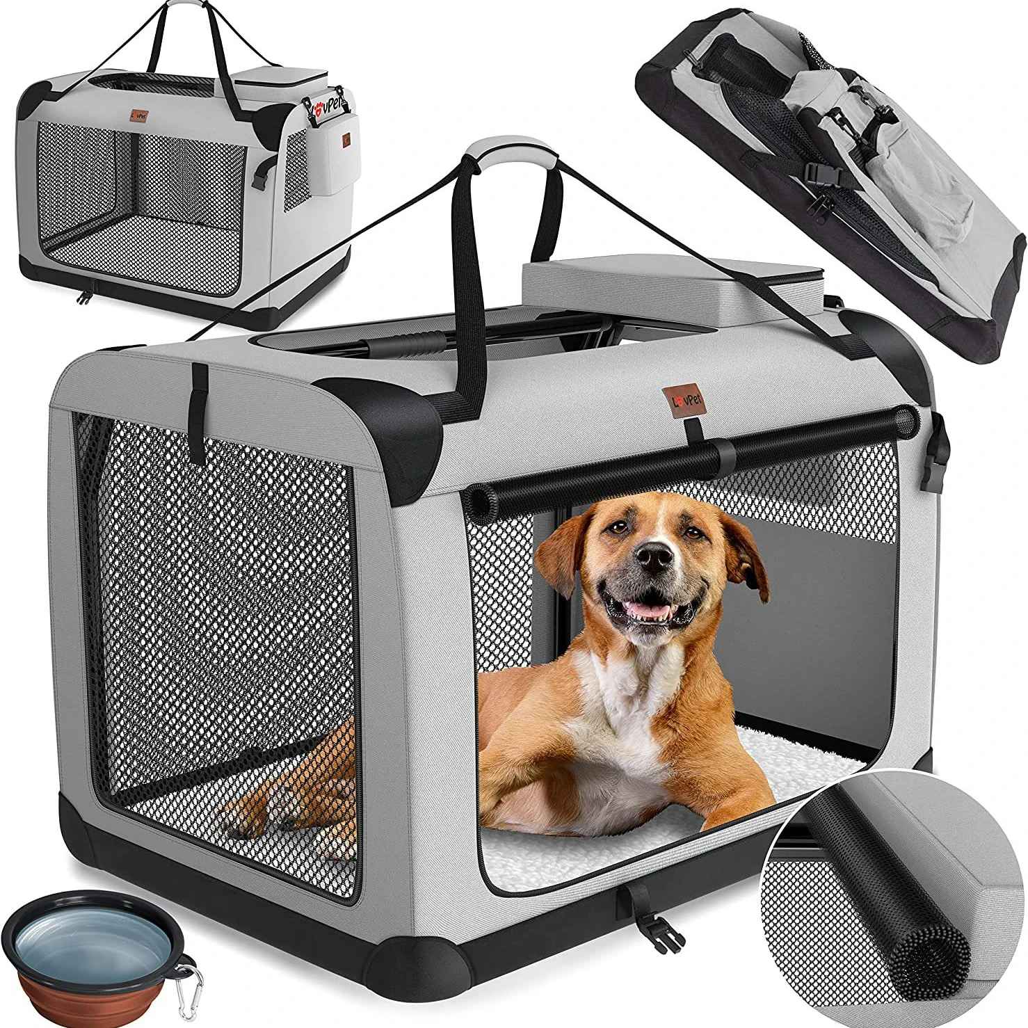Vue détaillée de la cage Nid Mobile grise : un chien de taille moyenne à l'intérieur, illustration de la structure pliable compacte et du système d'aération.