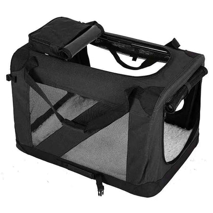 Cage de transport Nid Mobile noire pour chien, fabriquée en tissu Oxford 600D résistant avec des fenêtres en maille pour une visibilité à 360° et un coussin intérieur confortable.