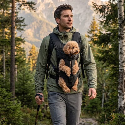 Petit chien confortablement installé dans un sac de transport ventral noir porté par une femme en extérieur, vue de face montrant le maintien ergonomique.