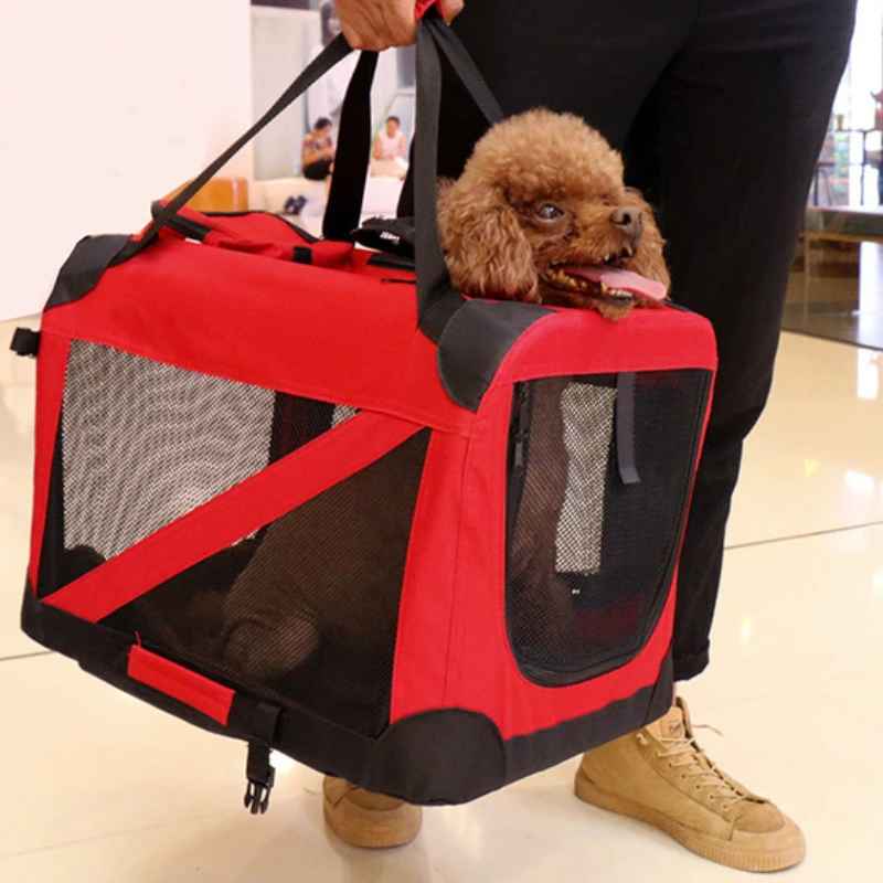 Petit chien Caniche de couleur marron installé confortablement dans sa cage de transport Nid Mobile rouge, portée à la main pour illustrer la légèreté et la mobilité du sac.