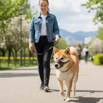Muselière en cuir brun pour petit chien ou Shiba Inu, modèle Muzzle-Flex idéal pour les balades en ville et la sécurité, boutique Pitou et moi.