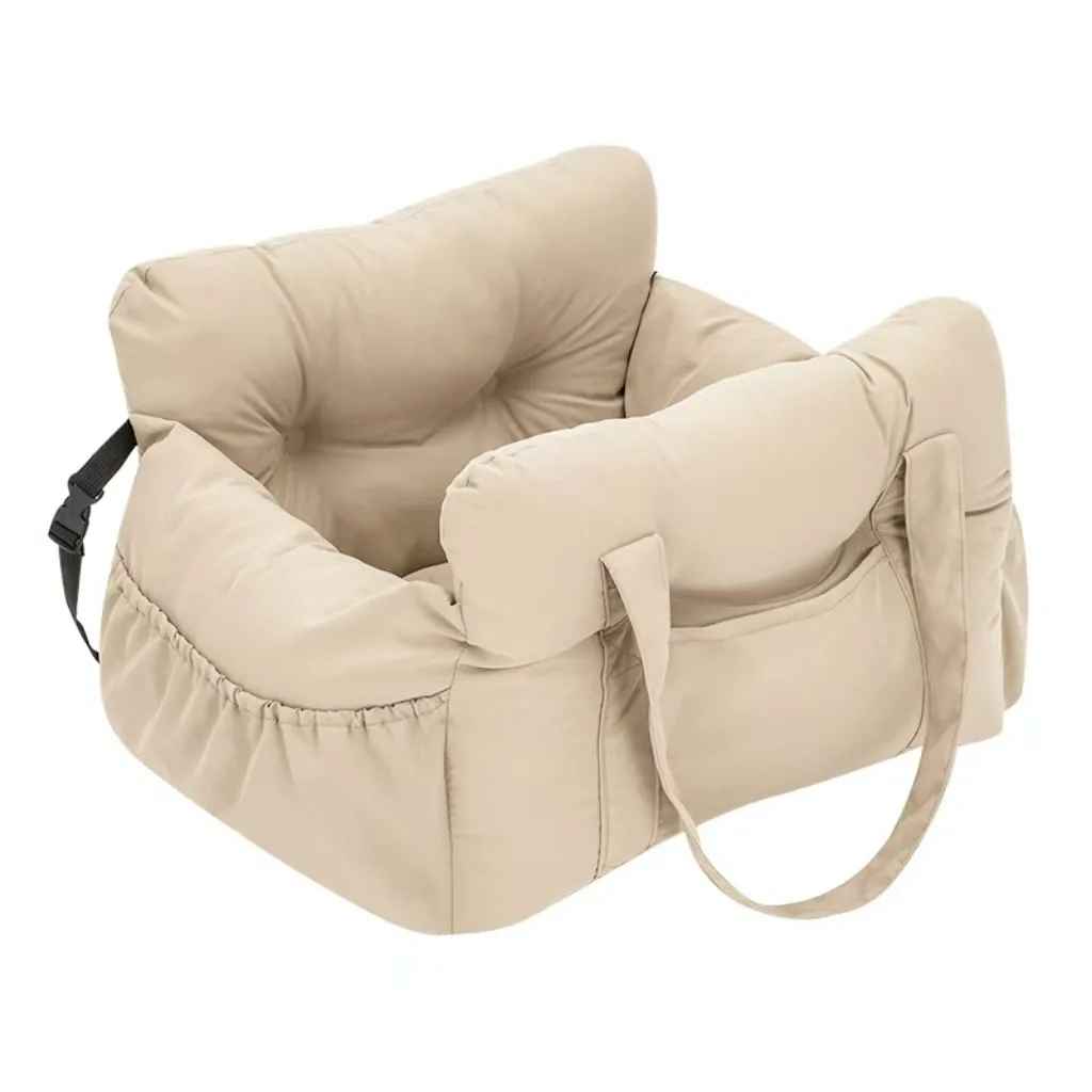 Cocon voyageur pour chien couleur crème, lit de voiture moelleux et lavable pour chien moyen.