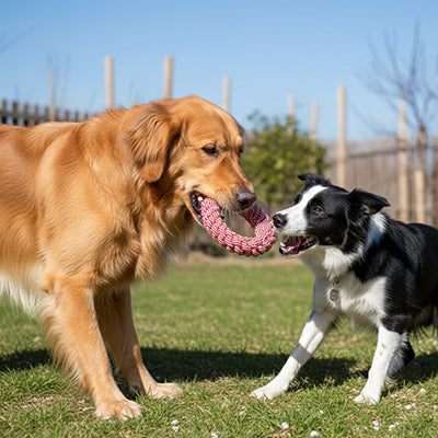 Un Golden Retriever et un Border Collie jouant au tir à la corde avec l'anneau en coton rose Tuggy, illustrant la résistance du jouet pour deux chiens.