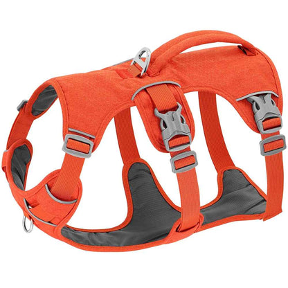 Harnais anti-traction UniDog pour chien, coloris orange vif avec rembourrage gris, montrant la poignée de contrôle supérieure, les boucles de réglage et les liserés réfléchissants pour une haute visibilité.