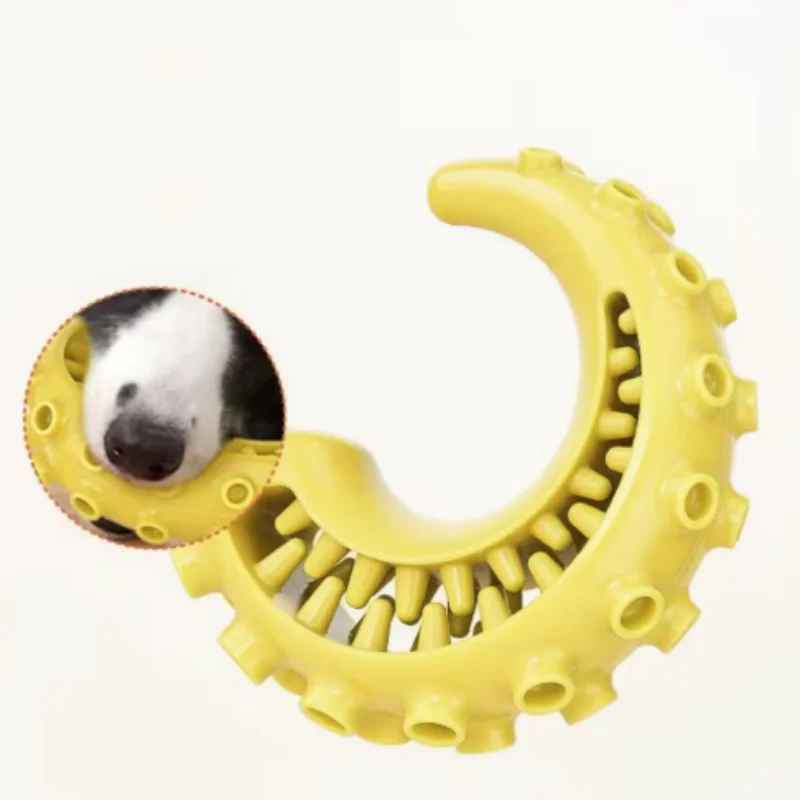 Gros plan sur le jouet dentaire Zen-Mâch jaune montrant les picots de massage et une vignette d'un chien l'utilisant pour illustrer l'action de mastication.