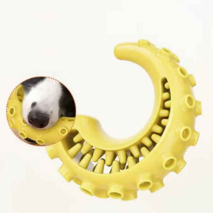 Gros plan sur le jouet dentaire Zen-Mâch jaune montrant les picots de massage et une vignette d'un chien l'utilisant pour illustrer l'action de mastication.
