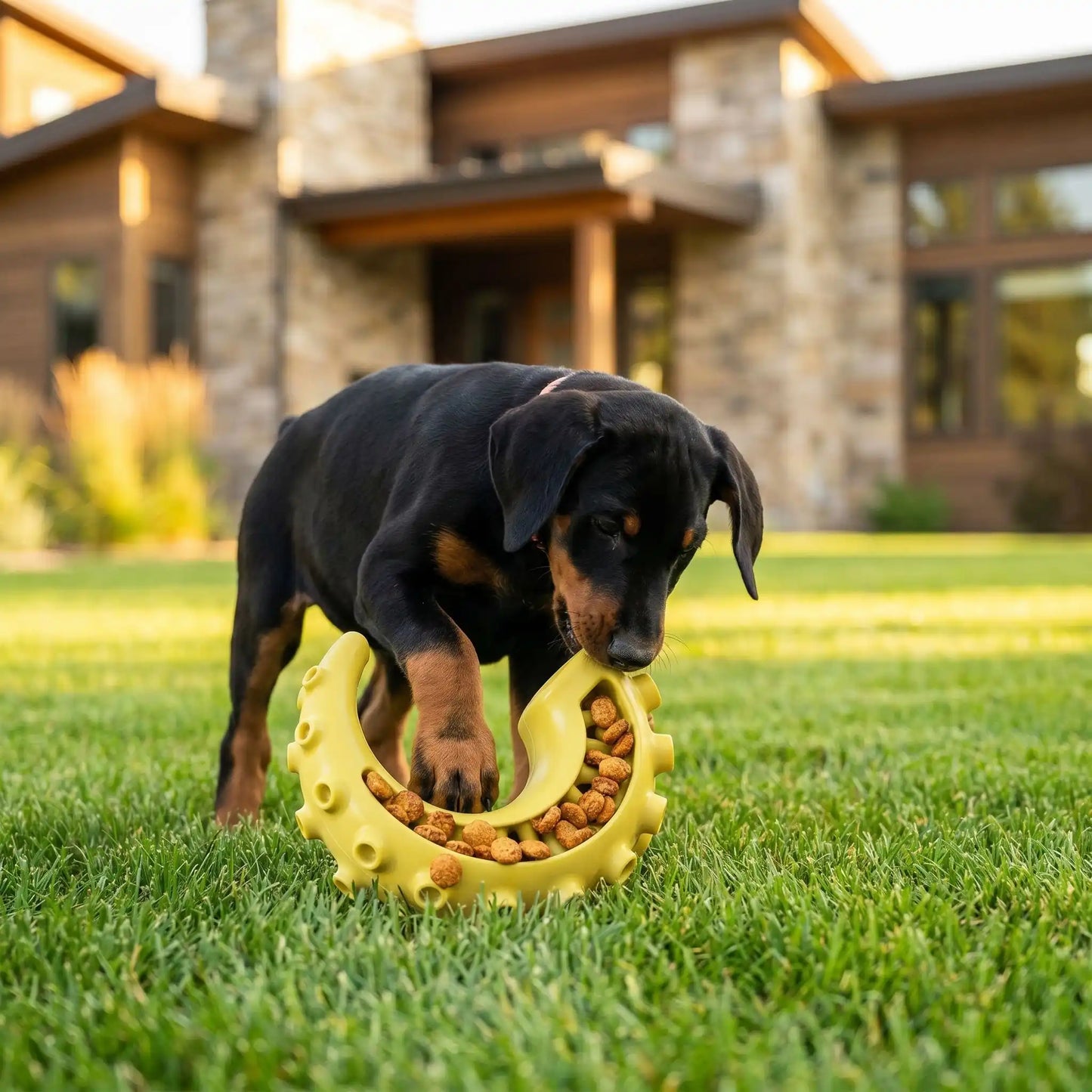 Chiot Doberman dans l'herbe utilisant le jouet Zen-Mâch jaune comme distributeur de nourriture interactif pour stimuler son intelligence.